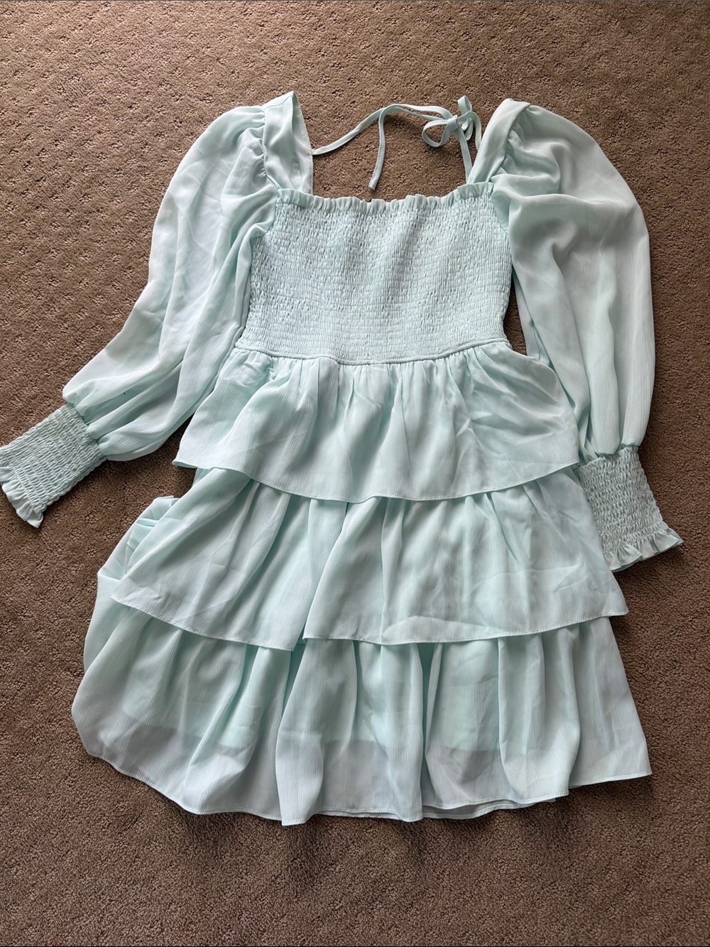 Sea foam green tiered knee length dress, small, long sleeve